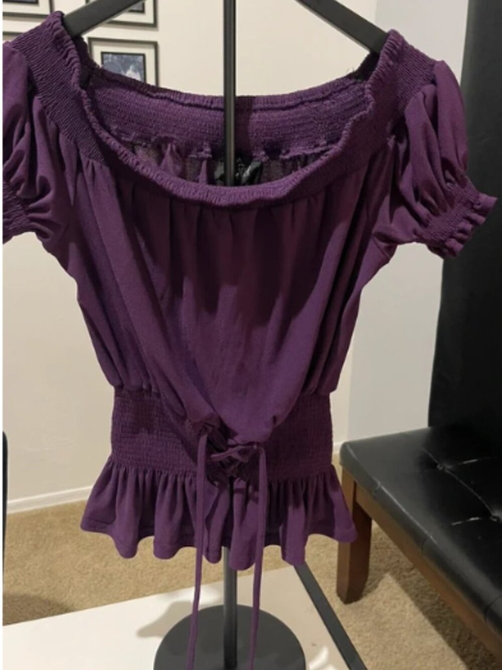 Women's Purple Ruffle Peplum Cinched Hem Short Sleeve Top XL